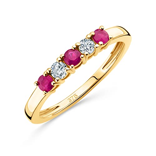 Orovi Schmuck Damen 0.13 Ct Diamant Ewigkeitsring Gelbgold mit 2 Diamanten Brillanten und 3 natürliche Edelsteine/Geburtssteine runde rote Rubine Eternity Ring aus 9 Karat (375) Gold von OROVI