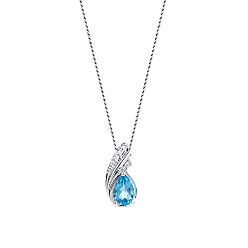 OROVI Schmuck Damen 0.03 Ct Diamant Halskette Weißgold mit Tropfen Kettenanhänger Edelstein blauer Topas und 5 Diamanten BrillantenKette aus 925 Sterling Silber von OROVI