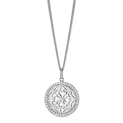 OROVI Schmuck Damen Herz–Kette mit flächigem, rundem Kettenanhänger ausgeschnittenen Herzen umgeben von weißen Zirkonia in Brillantschliff Zeitlose moderne Halskette aus 925 Sterling Silber, 46 cm von OROVI