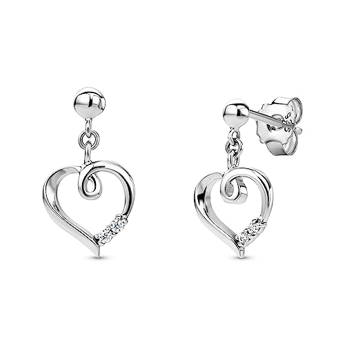 Orovi Schmuck Damen Herz–Ohrhänger mit Herzen besetzt mit weißen Zirkonia in Brillantschliff Zeitlose klassische silberne Ohrringe aus 925 Sterling Silber von OROVI