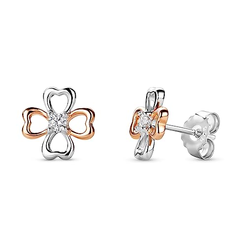 Orovi Schmuck Damen Herzen Kleeblatt Ohrstecker mit Vierblättrigen Kleeblatten und weißen Solitär Zirkonia in Brillantschliff Zeitlose Glücksbringer Ohrringe aus 925 Sterling Silber Rotgold vergoldet von OROVI