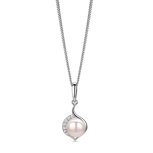 Orovi Schmuck Damen Perlenkette mit einer weißen Süßwasser Zuchtperle umgeben von weißen Zirkonia in Brillantschliff Zeitlose klassische Perlen Silberkette Halskette aus 925 Sterling Silber, 46 cm von OROVI