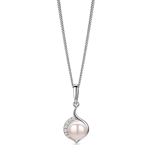 OROVI Schmuck Damen Perlenkette mit einer weißen Süßwasser Zuchtperle umgeben von weißen Zirkonia in Brillantschliff Zeitlose klassische Perlen Silberkette Halskette aus 925 Sterling Silber, 46 cm von OROVI