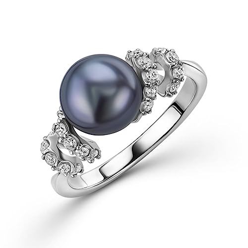 OROVI Damen Ring | 925 Sterling Silber | mit schwarzer Süßwasser-Zuchtperle von 8mm und 22 Zirkonias | hautfreundlicher Perlen Verlobungsring Silber | nachhaltiger, handgemachter Damen Schmuck von OROVI