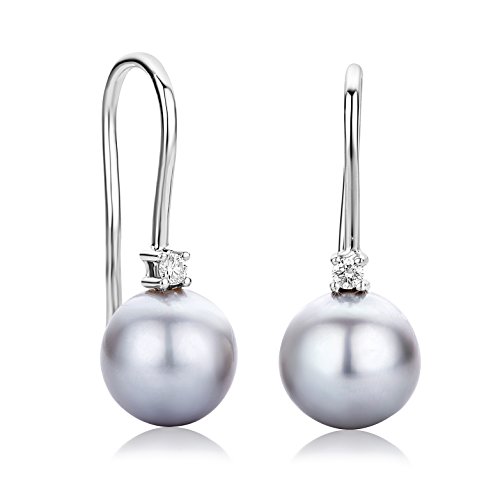 Orovi Schmuck Damen goldene Perlen Ohrhänger mit graue Süßwasserzuchtperlen und 2 natürlichen Diamanten im Brillantschliff 0.06CT Zeitlose klassische Durchzieher Ohrringe Weißgold 18 Karat (750) Gold von OROVI