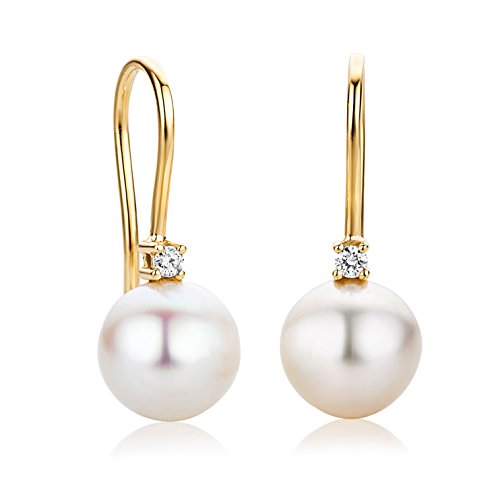 Orovi Schmuck Damen goldene Perlen Ohrhänger mit weiße Süßwasserzuchtperlen und 2 natürlichen Diamanten im Brillantschliff 0.06CT Zeitlose klassische Durchzieher Ohrringe Gelbgold 18 Karat (750) Gold von OROVI