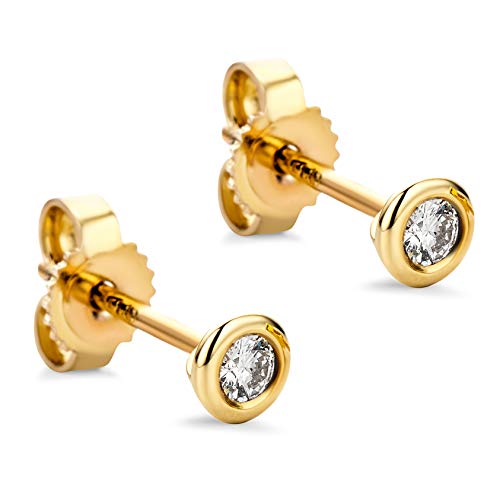 Orovi Schmuck Damen runde Solitärohrstecker mit 2 natürlichen Diamanten Brillanten 0.08 CT in einer Zargen Fassung Zeitlose klassische Ohrringe aus Gelbgold 9 Karat / 375 Gold von OROVI
