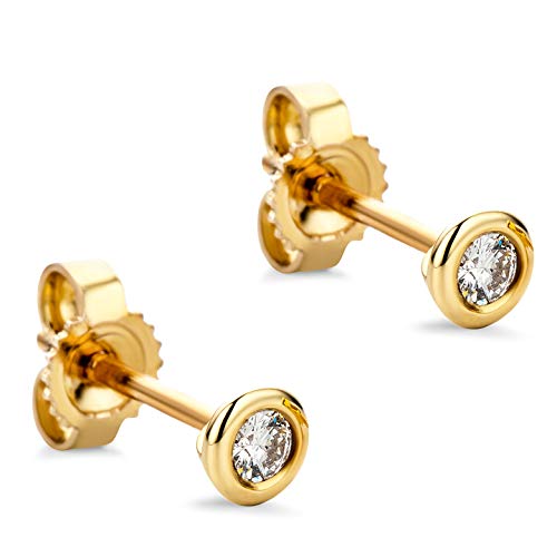 Orovi Schmuck Damen runde Solitärohrstecker mit 2 natürlichen Diamanten im Brillantschliff 0.10 CT in einer Zargen Fassung Zeitlose klassische Ohrringe aus Gelbgold 14 Karat / 585 Gold von OROVI