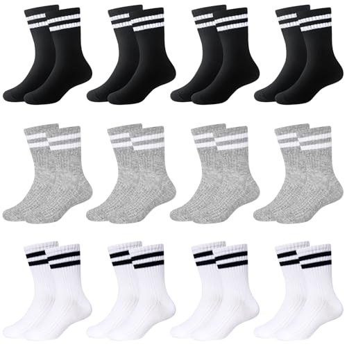ORPAPA 12 Paar Tennissocken Kinder Socken Jungen Kindersocken Sportsocken Kinder Baumwolle Tennissocken Streifen für Jungen and Mädchen 31-34 von ORPAPA
