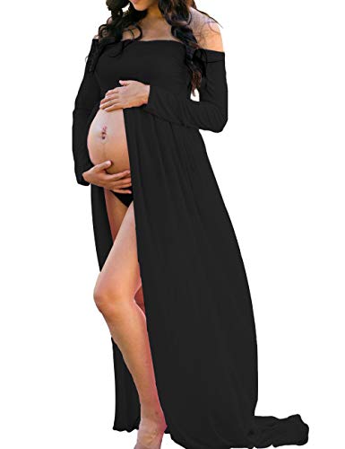 ORQ Damen Schulterfrei Langarm Mutterschaft Maxi Fotografie Kleid Split Front Chiffon Kleid für Fotoshooting - Schwarz - Mittel von ORQ