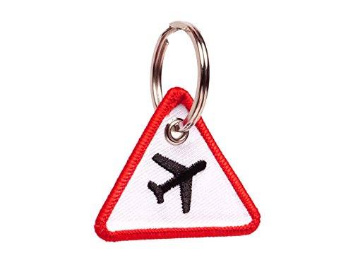 Wingdesign | Schlüsselanhänger | ACHTUNG FLUGZEUG (Verkehrszeichen Optik) | Flugzeug-Silhouette gestickt | Farbe: Weiß - Rot/Flugzeug: Schwarz | ca. 4 x 4,6 cm. | DE Händler von ORTCI