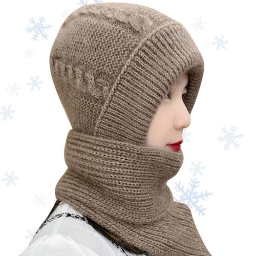 Strickmütze-Schal-Set für Damen, Integrierter Gehörschutz Winddichte Mütze Schal, 2 in 1 Maskenschal Strickmütze für Reiten, Wandern, Radfahren, Reisen, Skifahren von ORTUH