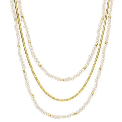 ORUS BIJOUX Halskette, Silber, dreifach, goldfarbene Ketten und weiße Naturperlen, Sterling-Silber 925/1000, Natürliche Perlen von ORUS BIJOUX