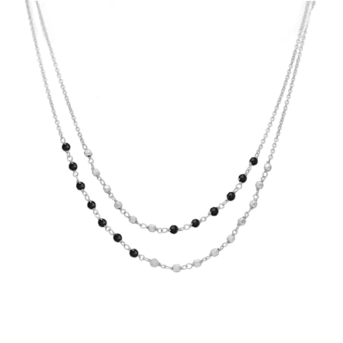 ORUS BIJOUX Halskette Silber rhodiniert Doppelketten Stein Spinell Schwarz, Sterling-Silber 925/1000, Schwarzer Spinell, natürliche Perlen von ORUS BIJOUX