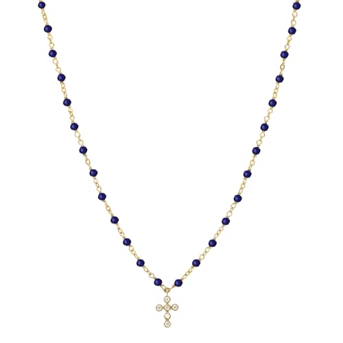 ORUS BIJOUX Halskette Silber vergoldet Kreuz Zirkonia weiß und Lapisteine, Sterling-Silber 925/1000, Lapis, natürliche Perlen, Turmalin, Zirkonia von ORUS BIJOUX