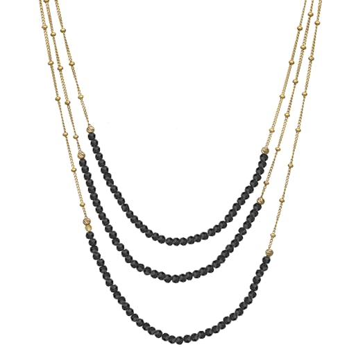 ORUS BIJOUX Halskette Silber vergoldet drei Ketten und Natursteine Spinell schwarz – Größe: 43, Sterling-Silber 925/1000, Spinell, schwarz von ORUS BIJOUX