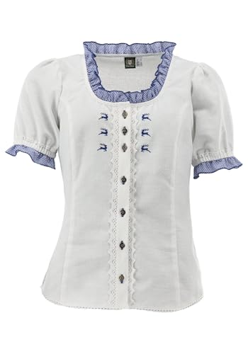 OS Trachten Damen Bluse Kurzarm Trachtenbluse mit Rundhalsausschnitt Fluspi, Größe:38, Farbe:weiß-Mittelblau von OS Trachten