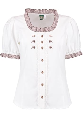 OS Trachten Damen Bluse Kurzarm Trachtenbluse mit Rundhalsausschnitt Fluspi, Größe:38, Farbe:weiß-mittelbraun von OS Trachten