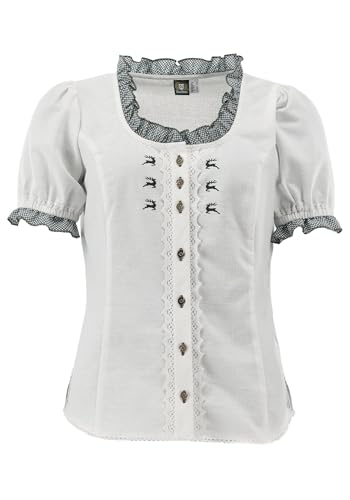 OS Trachten Damen Bluse Kurzarm Trachtenbluse mit Rundhalsausschnitt Fluspi, Größe:50, Farbe:weiß-dunkelgrün von OS Trachten
