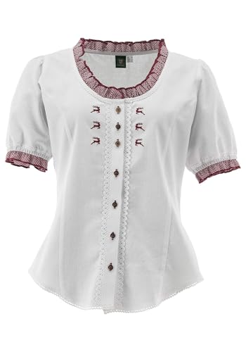 OS Trachten Damen Bluse Kurzarm Trachtenbluse mit Rundhalsausschnitt Fluspi, Größe:52, Farbe:weiß-weinrot von OS Trachten
