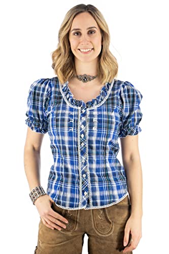 OS Trachten Damen Bluse Kurzarm Trachtenbluse mit Rundhalsausschnitt Klosy, Größe:38, Farbe:Kornblau von OS Trachten