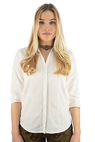 OS Trachten Damen Bluse Langarm Trachtenbluse mit Liegekragen mit V-Ausschnitt Eqasa, Größe:40, Farbe:weiß von OS Trachten