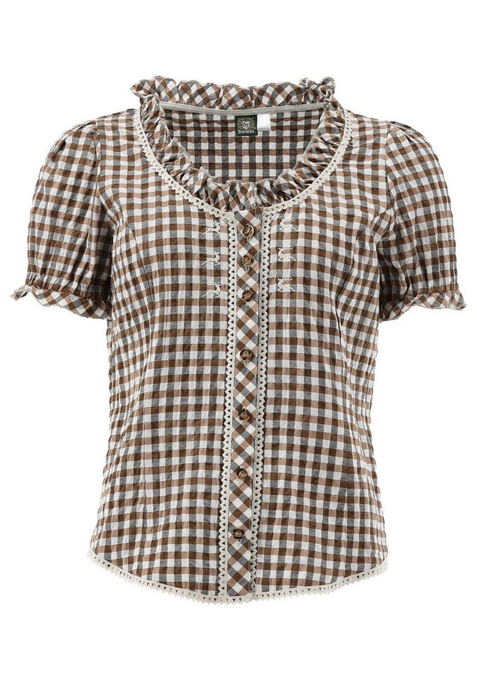 OS Trachten Trachtenbluse Acurus Tailliert, Rundhalsausschnitt, Stick neben Knopfleiste und Rüschen von OS Trachten