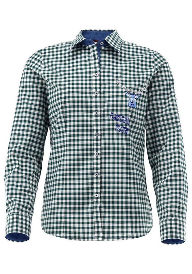 OS Trachten Trachtenbluse Fenadi Damen Langarmbluse mit Bügelmotiv auf der Brust und auf dem Rücken von OS Trachten