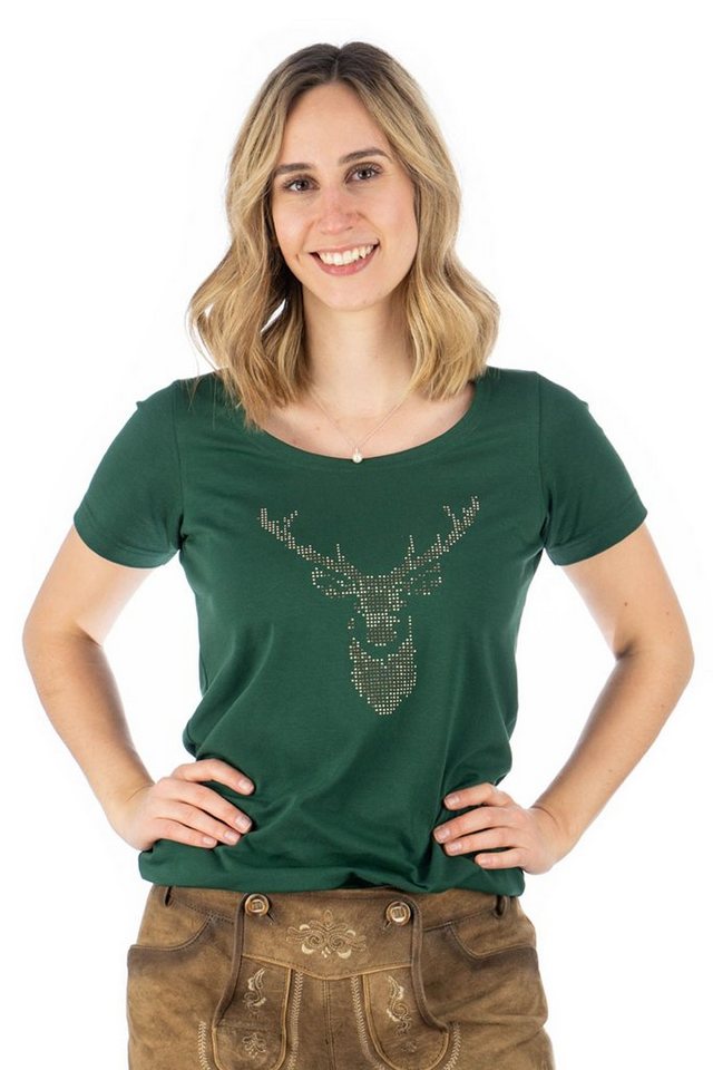 OS-Trachten Trachtenshirt Uginoy Kurzarm T-Shirt mit Strass-Hirsch auf der Brust von OS-Trachten