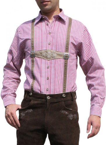 Trachtenhemd für Trachten Lederhosen mit Hosenträger-Imitat rot/kariert, Hemdgröße:XL von OS Trachten