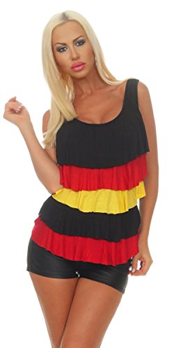 11554 OSAB-Fashion 11554 Damen Fan-Top Fußball WM EM 2020 Deutschland Flagge Rüschen Fan-Shirt Trikot (schwarz-rot-gold, 36-38) von OSAB-Fashion