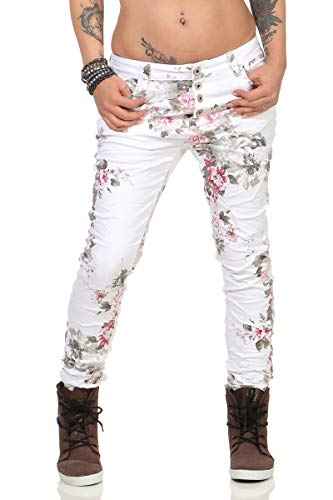 OSAB-Fashion 10247 Damen Hose Treggings Boyfriend Stretch Pants Blumen Knopfleiste Low-Waist von OSAB-Fashion