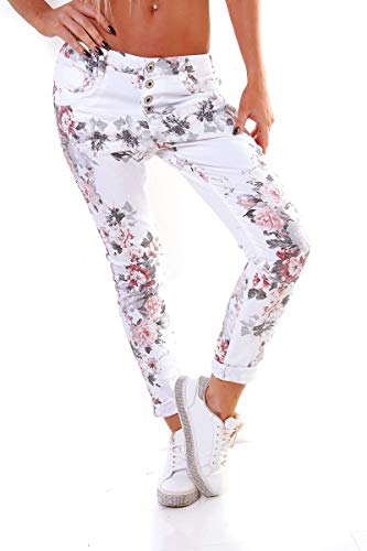 OSAB-Fashion 10255 Damen Hose Skinny Chino Treggings Stretch Pants Baumwolle Blumen Knopfleiste von OSAB-Fashion