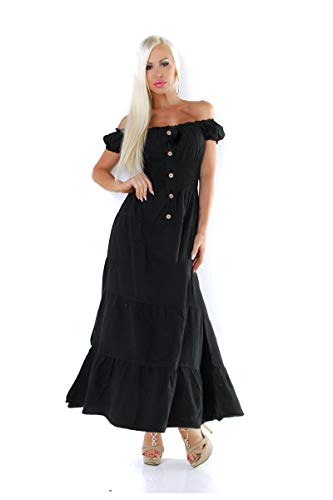 OSAB-Fashion 11547 Damen Maxikleid Kurzarm Sommerkleid Stufenrock Carmenlook Gesmokt Knöpfe von OSAB-Fashion