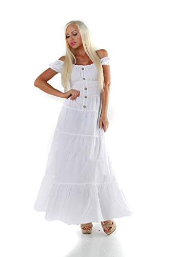 OSAB-Fashion 11547 Damen Maxikleid Kurzarm Sommerkleid Stufenrock Carmenlook Gesmokt Knöpfe von OSAB-Fashion