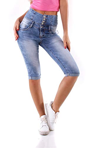OSAB-Fashion 4655 Damen Capri Jeans Hose Slimfit Kurze Hose High-Waist Breiter Bund Knöpfe Knielang von OSAB-Fashion
