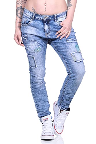 OSAB 14403 Fashion Damen Boyfriend Baggy Jeans Harems Hose Flicken Applikation Slimfit Wrinkelefekte von OSAB