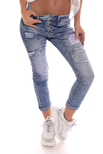 OSAB 14425 Damen Boyfriend Baggy Jeans Hose Flicken Knopfleiste Slimfit von OSAB