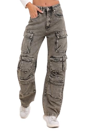 OSAB 88104 Damen Cargo Jeans Hose High Waist Regular Wide Baggy Boyfriend Pants von OSAB