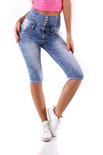 OSAB N4655 Damen Capri Jeans Hose Slimfit Kurze Hose High-Waist Breiter Bund Knöpfe von OSAB