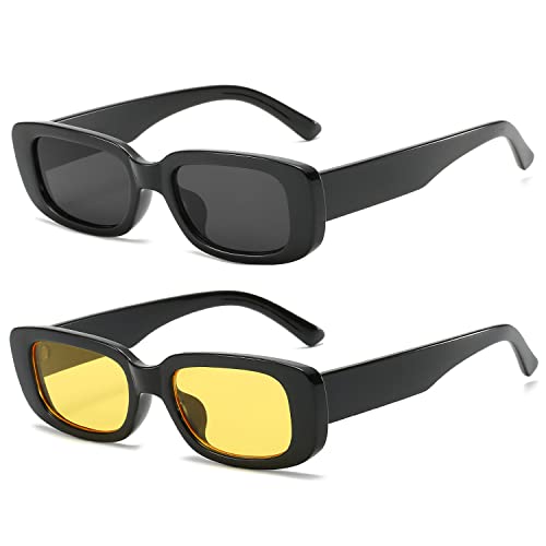 OSAGAMA Damen Rechteckige Sonnenbrille für Damen Herren Vintage Retro Rechteckige Mode Brille UV400 Schutz (Schwarz+Gelb) von OSAGAMA