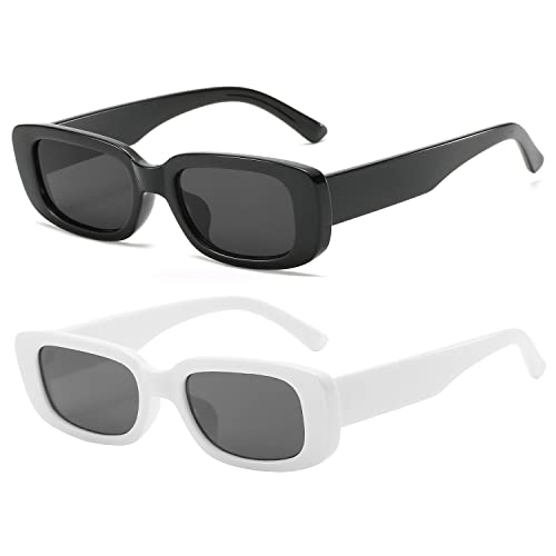 OSAGAMA Damen Rechteckige Sonnenbrille für Damen Herren Vintage Retro Rechteckige Mode Brille UV400 Schutz (Schwarz+Weiß) von OSAGAMA