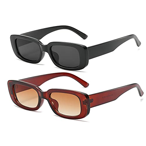 OSAGAMA Damen Rechteckige Sonnenbrille für Damen Herren Vintage Retro Rechteckige Mode Brille UV400 Schutz Schwarz+Braun von OSAGAMA