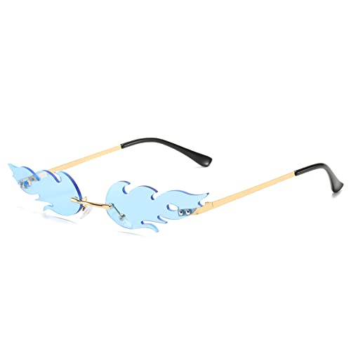 OSAGAMA Feuer Flamme Sonnenbrille Damen Herren Mode Randlos Welle Sonnenbrille Schmal Trendy Party Eyewear Blue von OSAGAMA