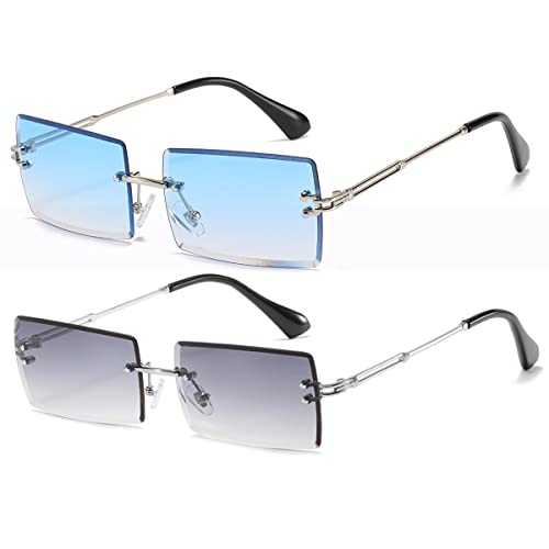 OSAGAMA Kleine Rechteckige Sonnenbrille Damen Herren Randlose Quadratische Brille Brillen UV400 (Blau+Farbverlauf Grau) von OSAGAMA