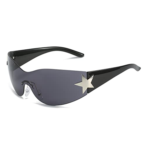 OSAGAMA Randlose Sonnenbrille Wraparound Sport Shield Sunglasses Fahrradbrille UV Schutz Brille für Herren Damen (Schwarz) von OSAGAMA