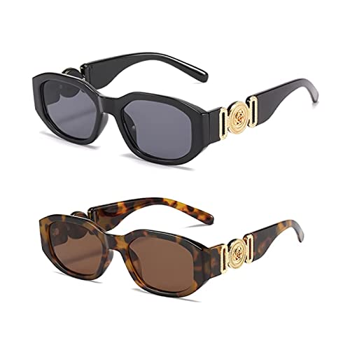 OSAGAMA Trendige Rechteckige Sonnenbrille für Damen Herren Unregelmäßige Vintage 90er Übergroß Brille UV-Schutz Schwarz+Leopard Vollbraun von OSAGAMA