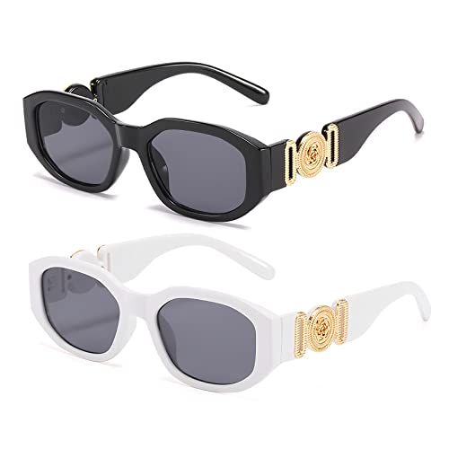 OSAGAMA Trendige rechteckige Sonnenbrille für Damen Herren unregelmäßige Vintage 90er Brille UV-Schutz (Schwarz+Weiß) von OSAGAMA