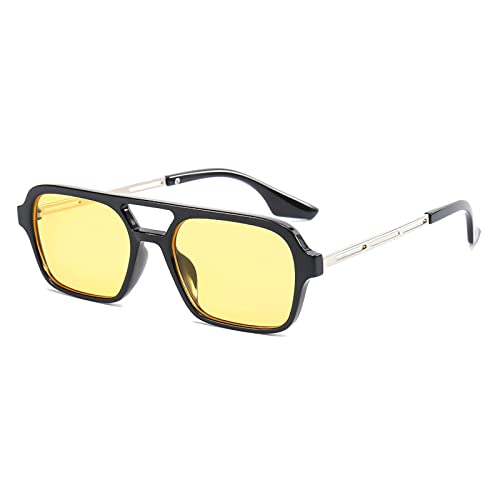 OSAGAMA Vintage Quadratische Sonnenbrille für Damen Herren 70er Jahre Kleine Brille Metallrahmen Schwarz/Gelb von OSAGAMA