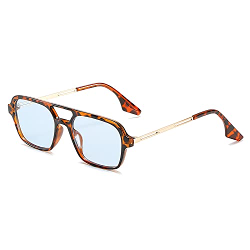 OSAGAMA Vintage Quadratische Sonnenbrille für Damen Herren 70er Jahre Kleine Brille Metallrahmen Leopard/Blau von OSAGAMA